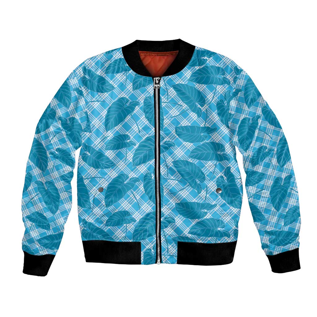Blue Hawaii Kalo Palaka Motifs Bomber Jacket Hawaiian Taro Leaves Elegant Vibes - Polynesian Pride