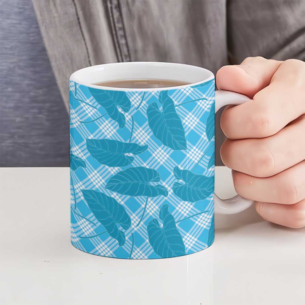 Blue Hawaii Kalo Palaka Motifs Ceramic Mug Hawaiian Taro Leaves Elegant Vibes LT14 - Polynesian Pride