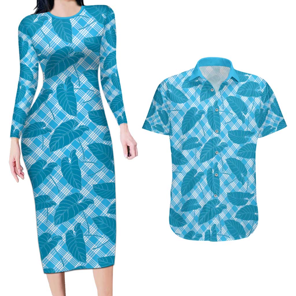 Blue Hawaii Kalo Palaka Motifs Couples Matching Long Sleeve Bodycon Dress and Hawaiian Shirt Hawaiian Taro Leaves Elegant Vibes - Polynesian Pride