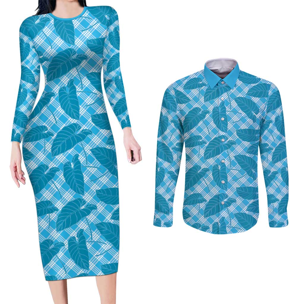 Blue Hawaii Kalo Palaka Motifs Couples Matching Long Sleeve Bodycon Dress and Long Sleeve Button Shirt Hawaiian Taro Leaves Elegant Vibes - Polynesian Pride