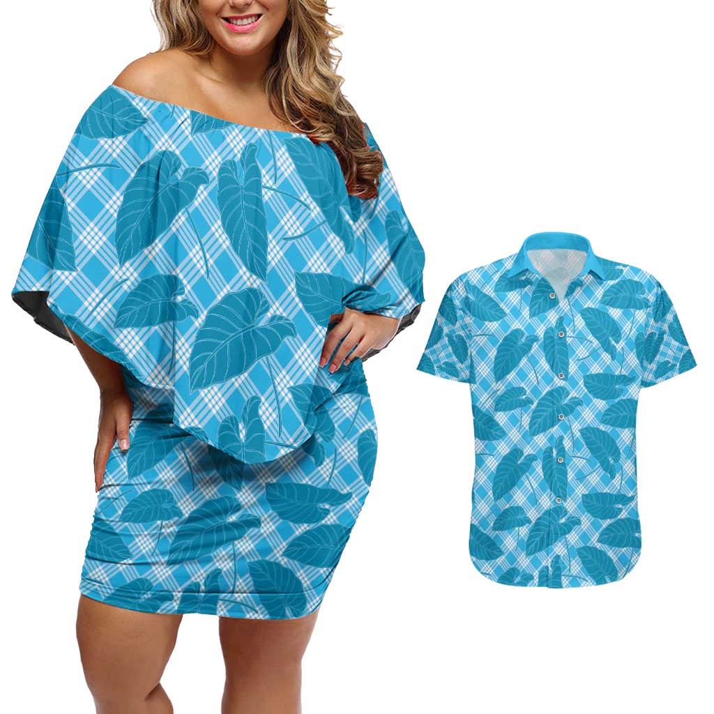 Blue Hawaii Kalo Palaka Motifs Couples Matching Off Shoulder Short Dress and Hawaiian Shirt Hawaiian Taro Leaves Elegant Vibes - Polynesian Pride