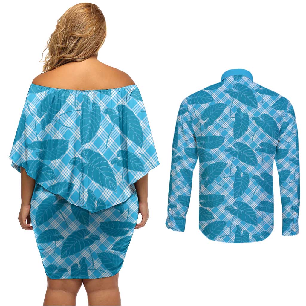 Blue Hawaii Kalo Palaka Motifs Couples Matching Off Shoulder Short Dress and Long Sleeve Button Shirt Hawaiian Taro Leaves Elegant Vibes - Polynesian Pride