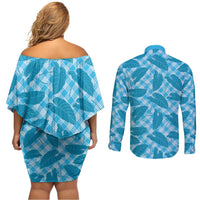 Blue Hawaii Kalo Palaka Motifs Couples Matching Off Shoulder Short Dress and Long Sleeve Button Shirt Hawaiian Taro Leaves Elegant Vibes - Polynesian Pride