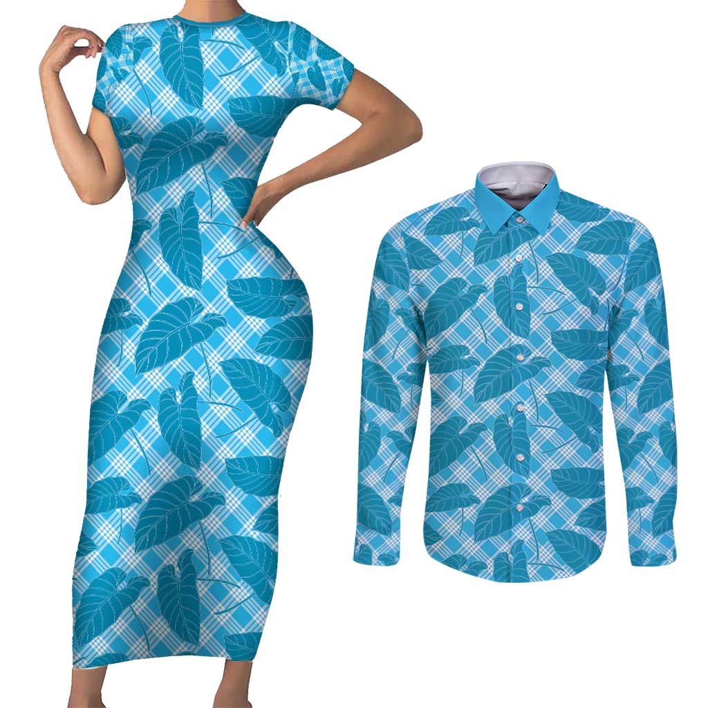Blue Hawaii Kalo Palaka Motifs Couples Matching Short Sleeve Bodycon Dress and Long Sleeve Button Shirt Hawaiian Taro Leaves Elegant Vibes - Polynesian Pride