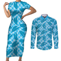 Blue Hawaii Kalo Palaka Motifs Couples Matching Short Sleeve Bodycon Dress and Long Sleeve Button Shirt Hawaiian Taro Leaves Elegant Vibes - Polynesian Pride