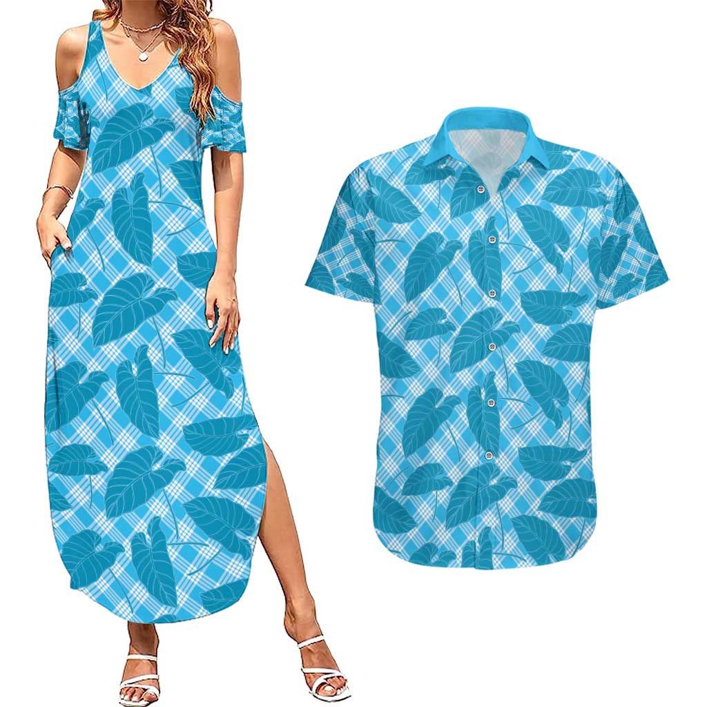 Blue Hawaii Kalo Palaka Motifs Couples Matching Summer Maxi Dress and Hawaiian Shirt Hawaiian Taro Leaves Elegant Vibes - Polynesian Pride