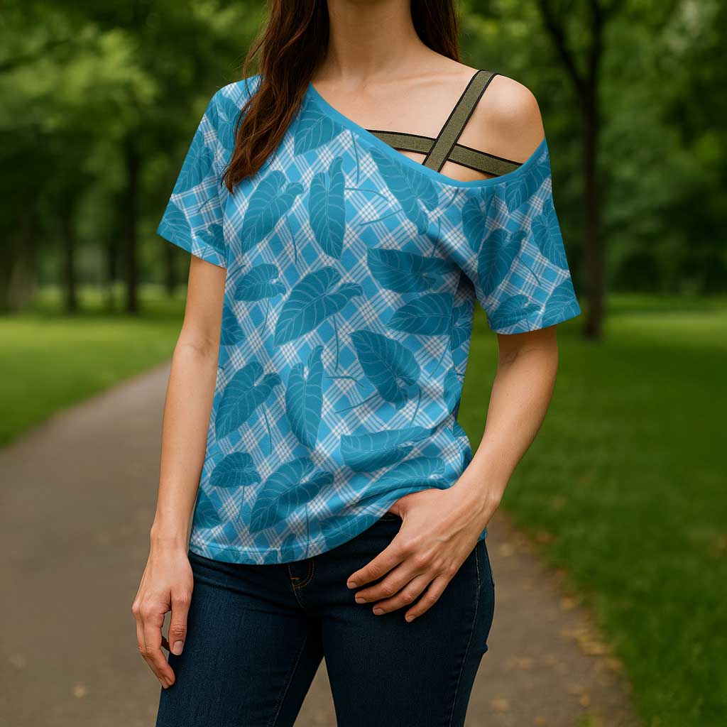 Blue Hawaii Kalo Palaka Motifs Cross Shoulder Shirt Hawaiian Taro Leaves Elegant Vibes LT14 - Polynesian Pride