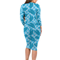 Blue Hawaii Kalo Palaka Motifs Family Matching Long Sleeve Bodycon Dress and Hawaiian Shirt Hawaiian Taro Leaves Elegant Vibes - Polynesian Pride