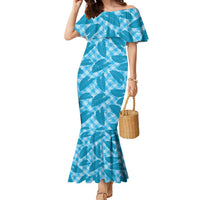 Blue Hawaii Kalo Palaka Motifs Family Matching Mermaid Dress and Hawaiian Shirt Hawaiian Taro Leaves Elegant Vibes - Polynesian Pride