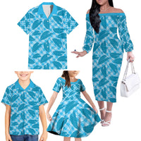 Blue Hawaii Kalo Palaka Motifs Family Matching Off The Shoulder Long Sleeve Dress and Hawaiian Shirt Hawaiian Taro Leaves Elegant Vibes - Polynesian Pride