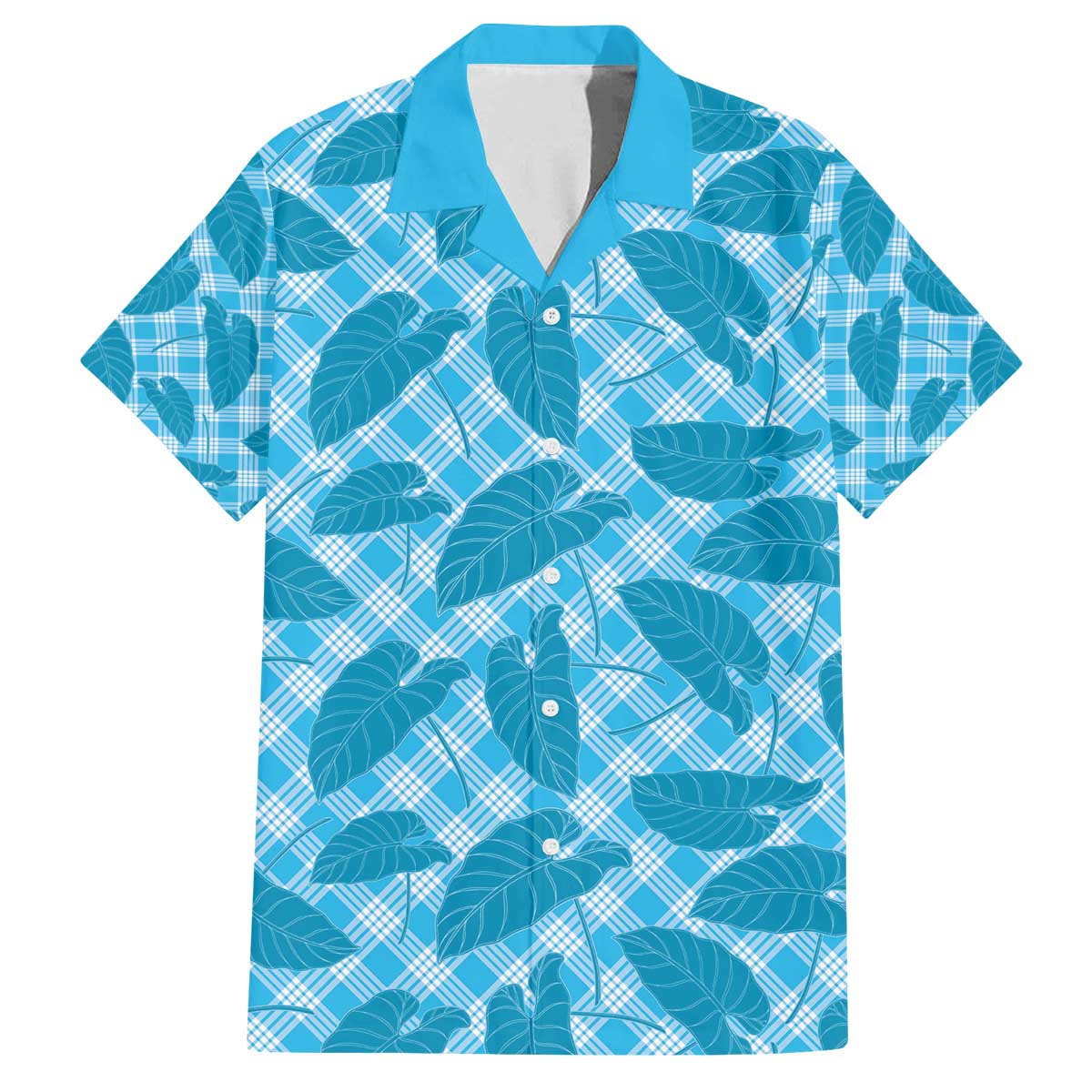 Blue Hawaii Kalo Palaka Motifs Family Matching Off The Shoulder Long Sleeve Dress and Hawaiian Shirt Hawaiian Taro Leaves Elegant Vibes - Polynesian Pride
