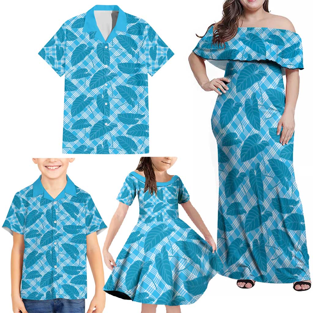 Blue Hawaii Kalo Palaka Motifs Family Matching Off Shoulder Maxi Dress and Hawaiian Shirt Hawaiian Taro Leaves Elegant Vibes - Polynesian Pride