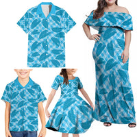 Blue Hawaii Kalo Palaka Motifs Family Matching Off Shoulder Maxi Dress and Hawaiian Shirt Hawaiian Taro Leaves Elegant Vibes - Polynesian Pride