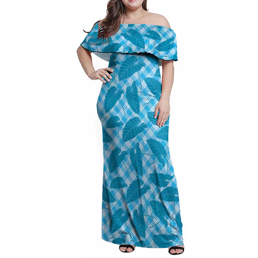 Blue Hawaii Kalo Palaka Motifs Family Matching Off Shoulder Maxi Dress and Hawaiian Shirt Hawaiian Taro Leaves Elegant Vibes - Polynesian Pride
