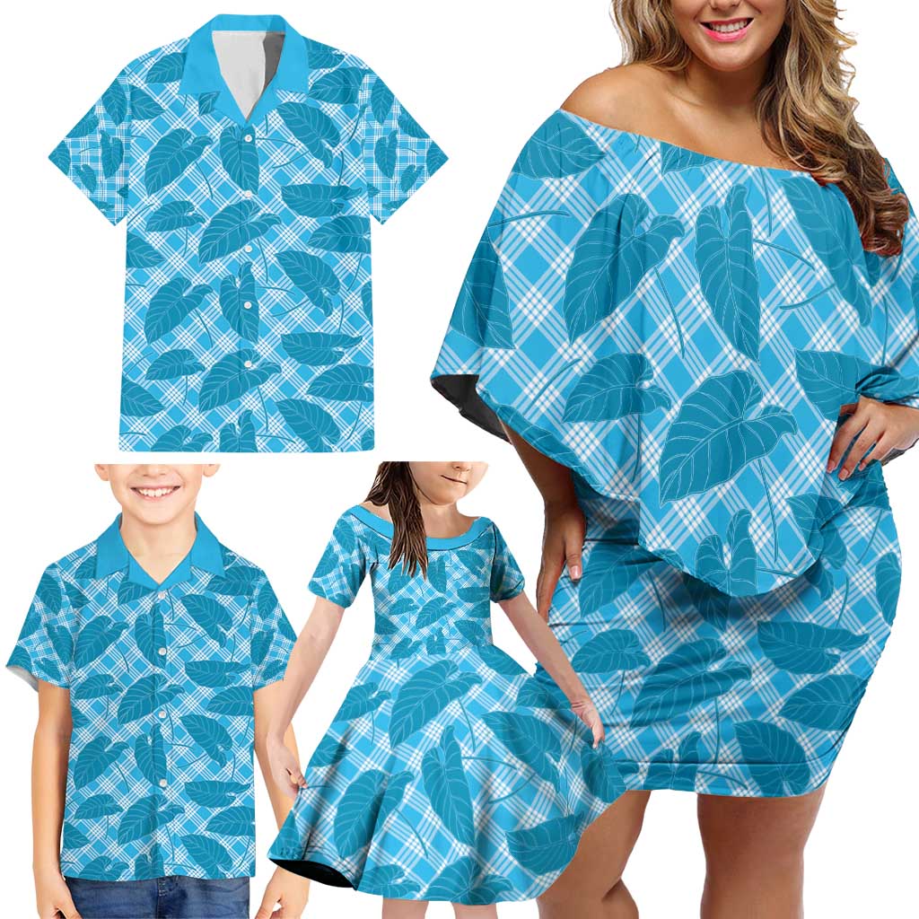 Blue Hawaii Kalo Palaka Motifs Family Matching Off Shoulder Short Dress and Hawaiian Shirt Hawaiian Taro Leaves Elegant Vibes - Polynesian Pride