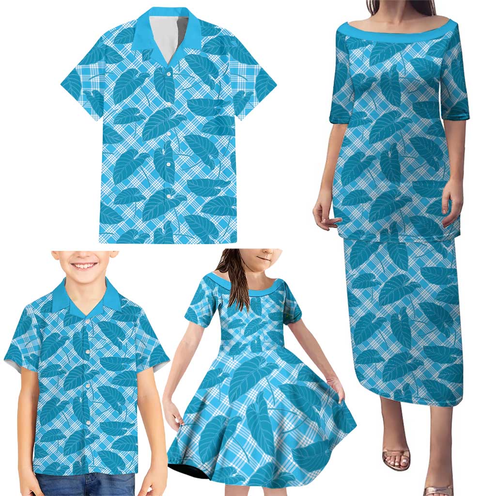 Blue Hawaii Kalo Palaka Motifs Family Matching Puletasi and Hawaiian Shirt Hawaiian Taro Leaves Elegant Vibes - Polynesian Pride