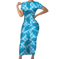 Blue Hawaii Kalo Palaka Motifs Family Matching Short Sleeve Bodycon Dress and Hawaiian Shirt Hawaiian Taro Leaves Elegant Vibes - Polynesian Pride