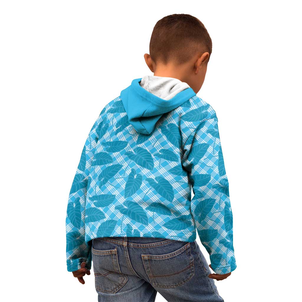 Blue Hawaii Kalo Palaka Motifs Kid Hoodie Hawaiian Taro Leaves Elegant Vibes - Polynesian Pride