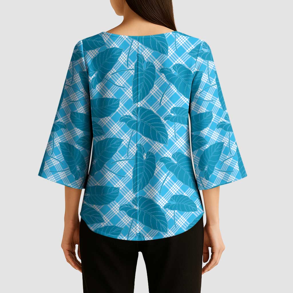 Blue Hawaii Kalo Palaka Motifs Kimono Sleeve Blouse Hawaiian Taro Leaves Elegant Vibes LT14 - Polynesian Pride