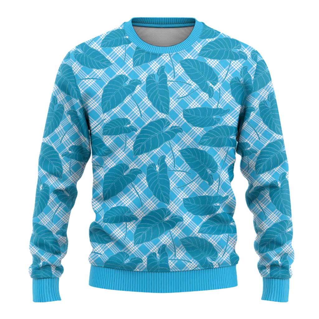 Blue Hawaii Kalo Palaka Motifs Ugly Christmas Sweater Hawaiian Taro Leaves Elegant Vibes - Polynesian Pride