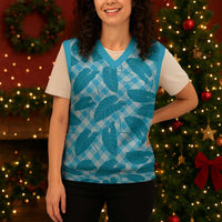 Blue Hawaii Kalo Palaka Motifs Christmas Knitted V-Neck Vest Hawaiian Taro Leaves Elegant Vibes - Polynesian Pride