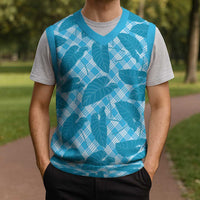 Blue Hawaii Kalo Palaka Motifs Christmas Knitted V-Neck Vest Hawaiian Taro Leaves Elegant Vibes - Polynesian Pride
