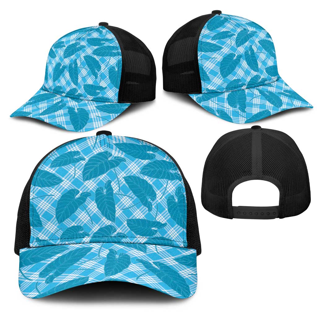 Blue Hawaii Kalo Palaka Motifs Mesh Trucker Cap Hawaiian Taro Leaves Elegant Vibes LT14 - Polynesian Pride