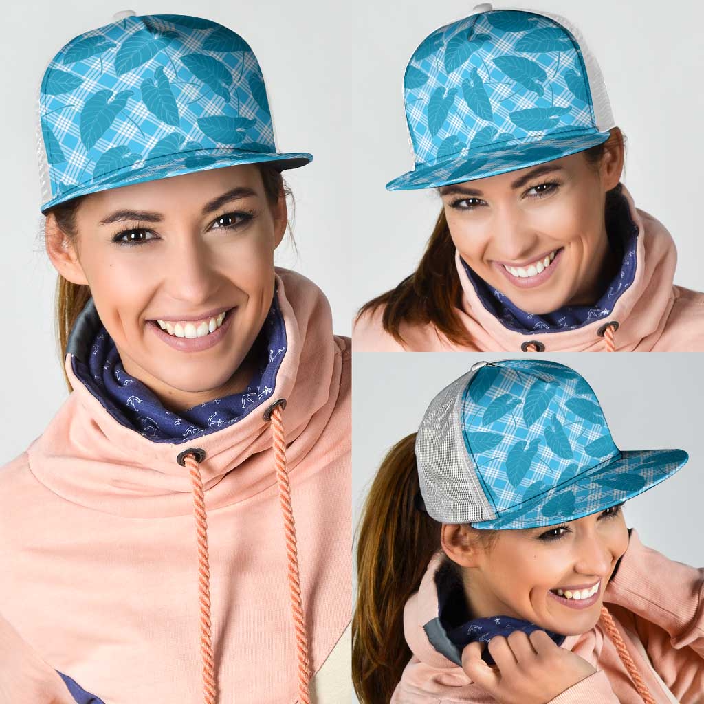 Blue Hawaii Kalo Palaka Motifs Mesh Trucker Cap Hawaiian Taro Leaves Elegant Vibes LT14 - Polynesian Pride