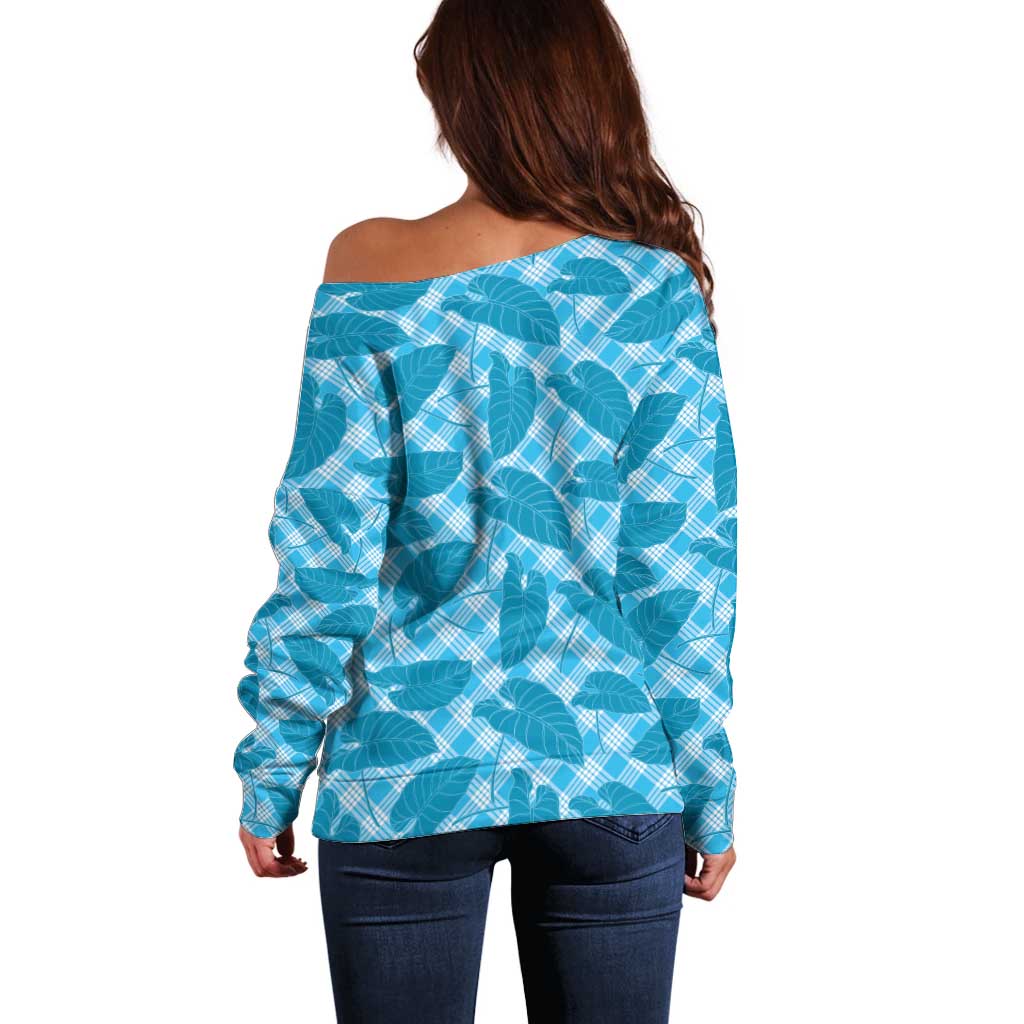 Blue Hawaii Kalo Palaka Motifs Off Shoulder Sweater Hawaiian Taro Leaves Elegant Vibes - Polynesian Pride