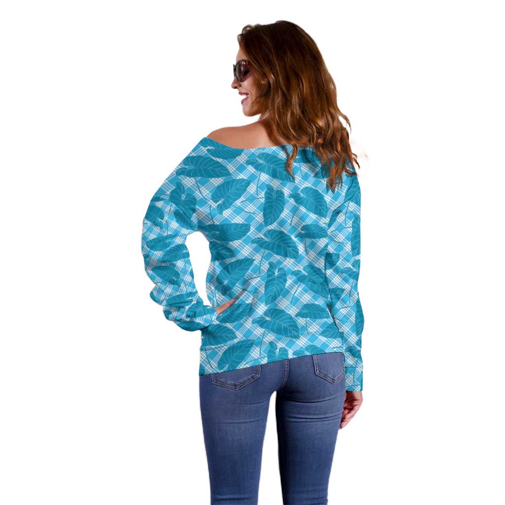 Blue Hawaii Kalo Palaka Motifs Off Shoulder Sweater Hawaiian Taro Leaves Elegant Vibes - Polynesian Pride