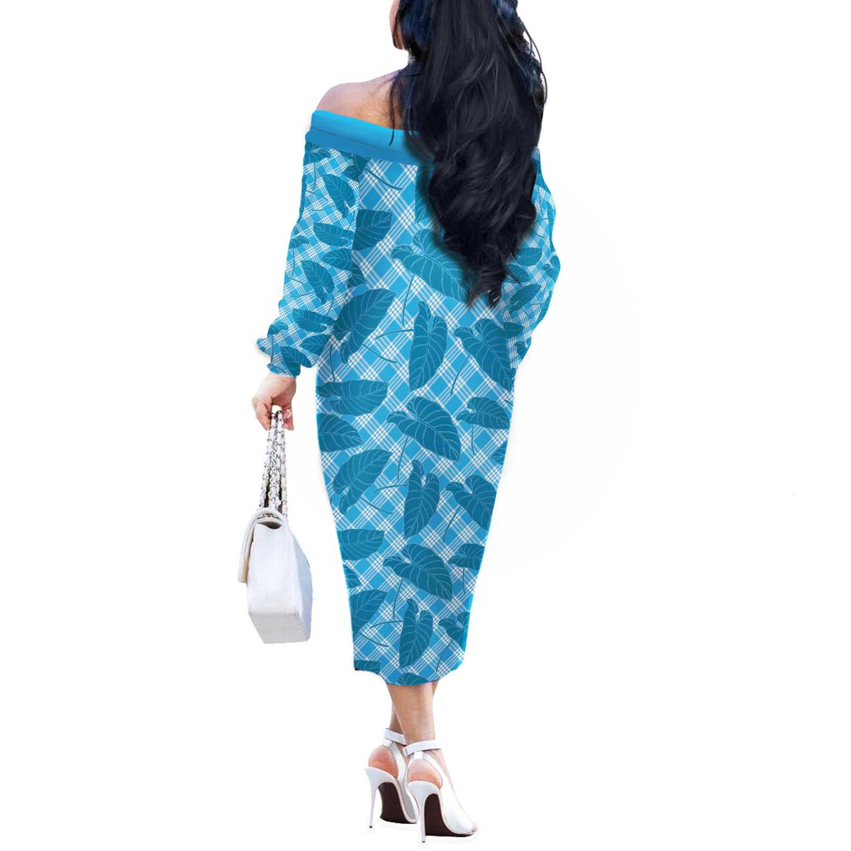 Blue Hawaii Kalo Palaka Motifs Off The Shoulder Long Sleeve Dress Hawaiian Taro Leaves Elegant Vibes - Polynesian Pride