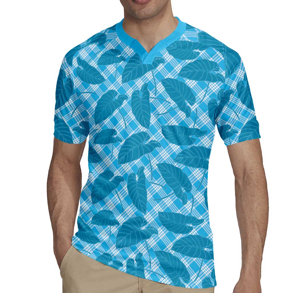 Blue Hawaii Kalo Palaka Motifs Rugby Jersey Hawaiian Taro Leaves Elegant Vibes - Polynesian Pride