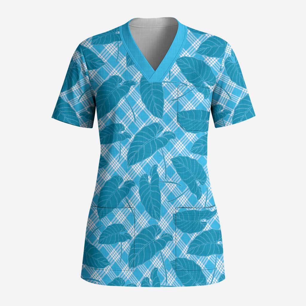 Blue Hawaii Kalo Palaka Motifs Scrub Top Hawaiian Taro Leaves Elegant Vibes LT14 Adult Blue - Polynesian Pride