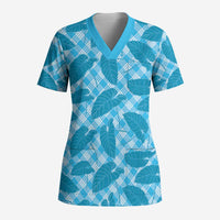 Blue Hawaii Kalo Palaka Motifs Scrub Top Hawaiian Taro Leaves Elegant Vibes LT14 Adult Blue - Polynesian Pride