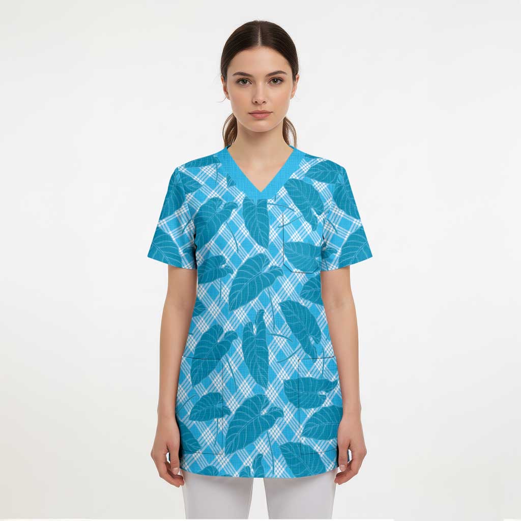 Blue Hawaii Kalo Palaka Motifs Scrub Top Hawaiian Taro Leaves Elegant Vibes LT14 - Polynesian Pride