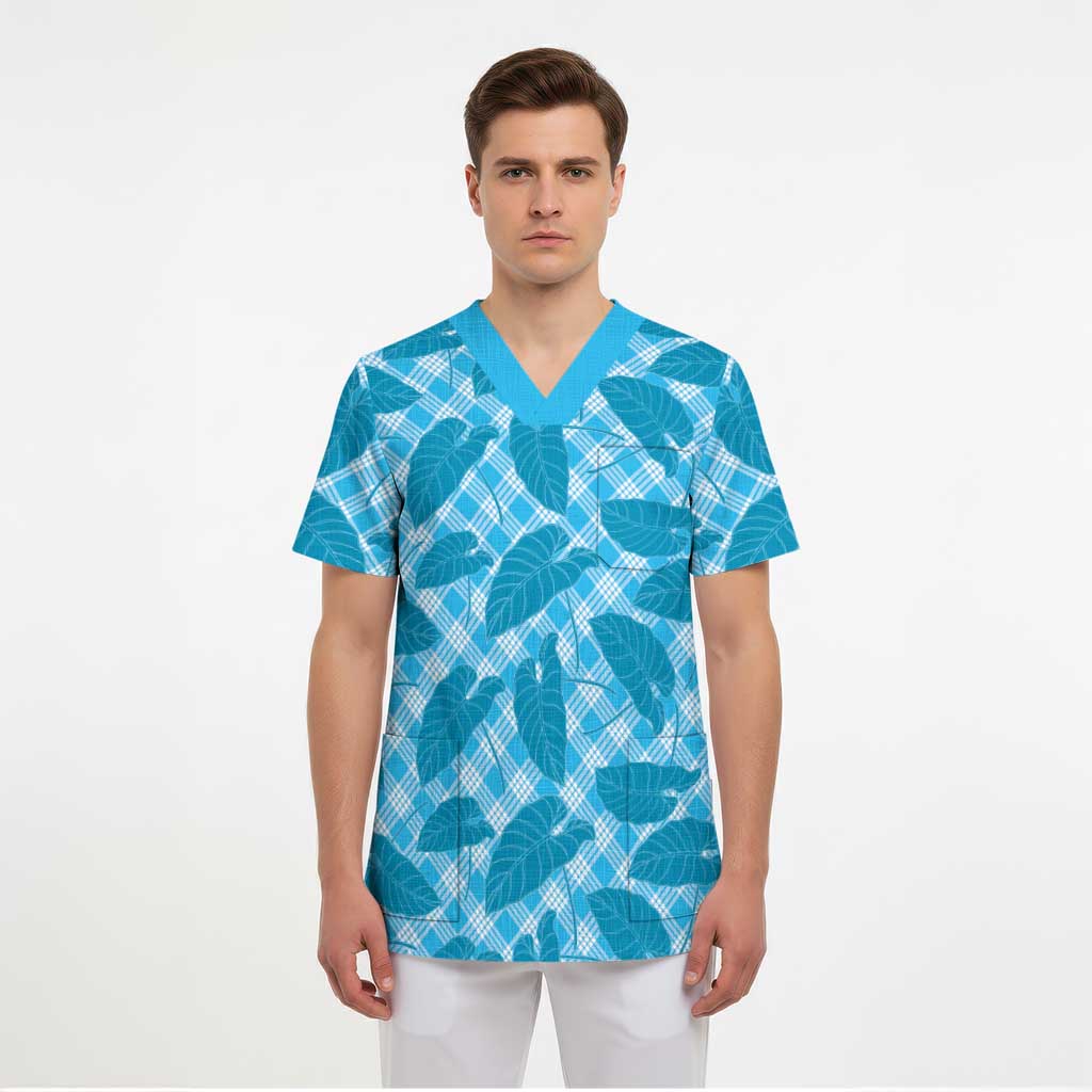 Blue Hawaii Kalo Palaka Motifs Scrub Top Hawaiian Taro Leaves Elegant Vibes LT14 - Polynesian Pride