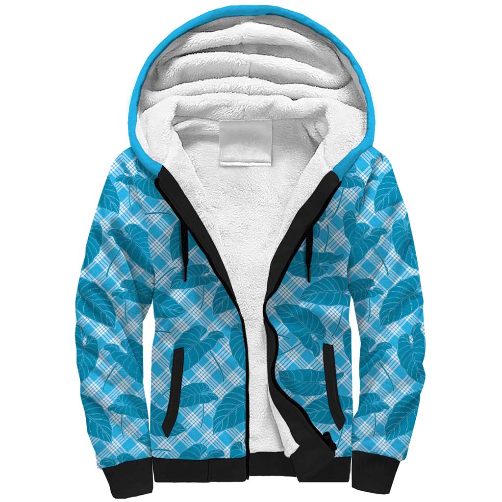 Blue Hawaii Kalo Palaka Motifs Sherpa Hoodie Hawaiian Taro Leaves Elegant Vibes - Polynesian Pride