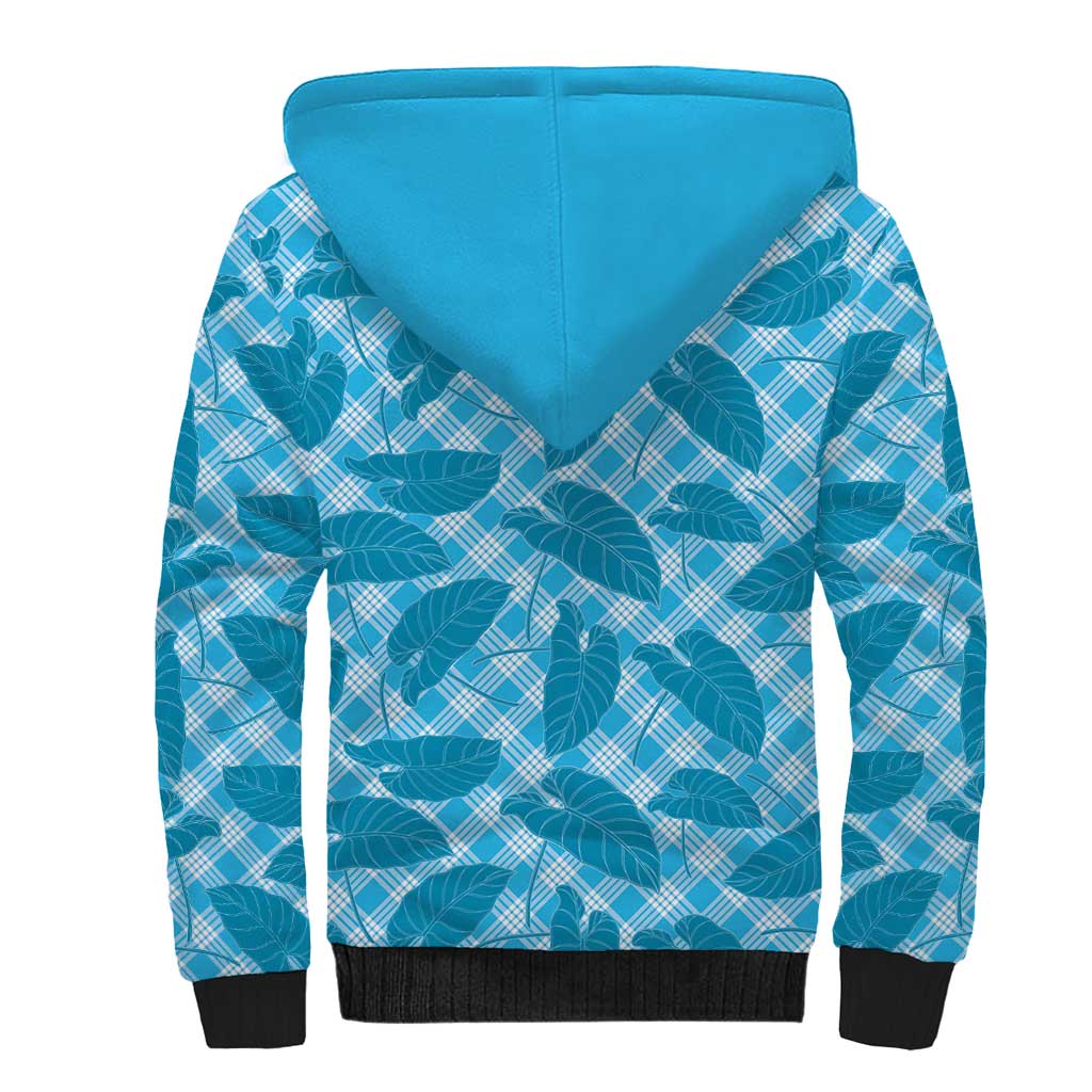 Blue Hawaii Kalo Palaka Motifs Sherpa Hoodie Hawaiian Taro Leaves Elegant Vibes - Polynesian Pride