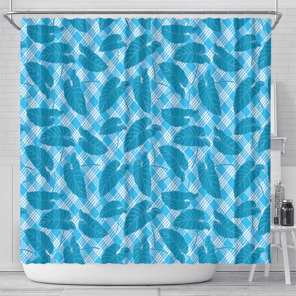 Blue Hawaii Kalo Palaka Motifs Shower Curtain Hawaiian Taro Leaves Elegant Vibes - Polynesian Pride