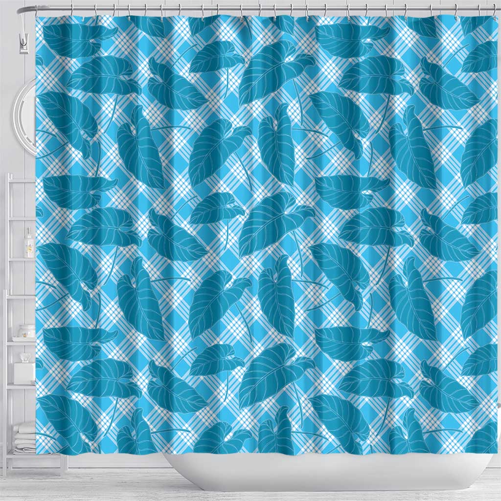 Blue Hawaii Kalo Palaka Motifs Shower Curtain Hawaiian Taro Leaves Elegant Vibes - Polynesian Pride