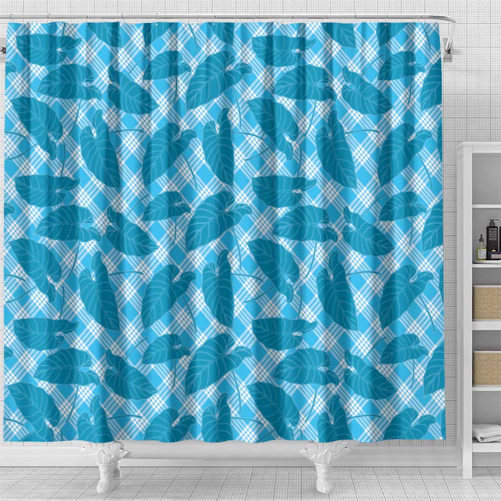 Blue Hawaii Kalo Palaka Motifs Shower Curtain Hawaiian Taro Leaves Elegant Vibes - Polynesian Pride