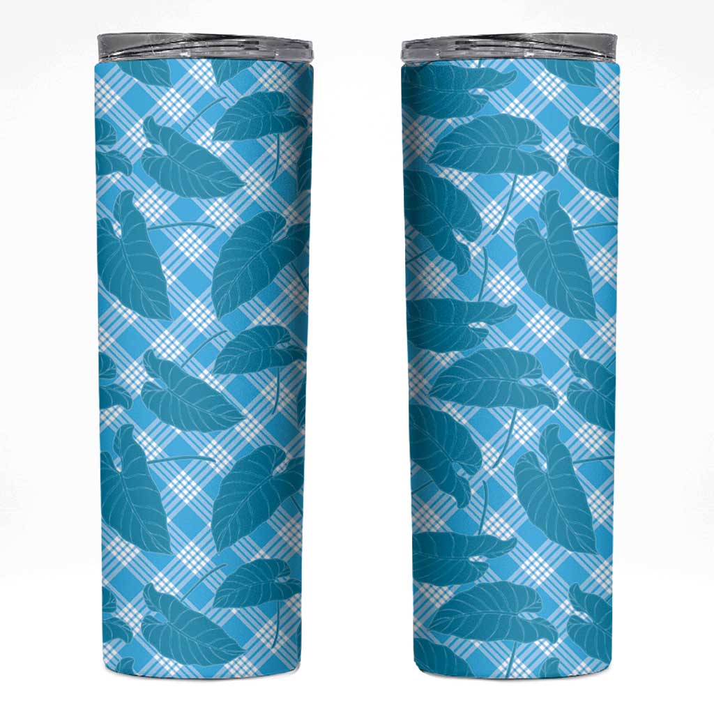 Blue Hawaii Kalo Palaka Motifs Skinny Tumbler Hawaiian Taro Leaves Elegant Vibes - Polynesian Pride