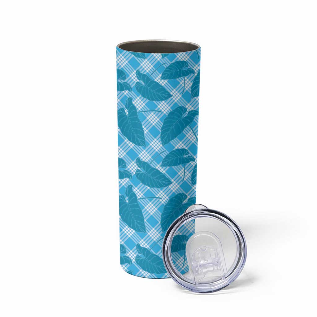 Blue Hawaii Kalo Palaka Motifs Skinny Tumbler Hawaiian Taro Leaves Elegant Vibes - Polynesian Pride