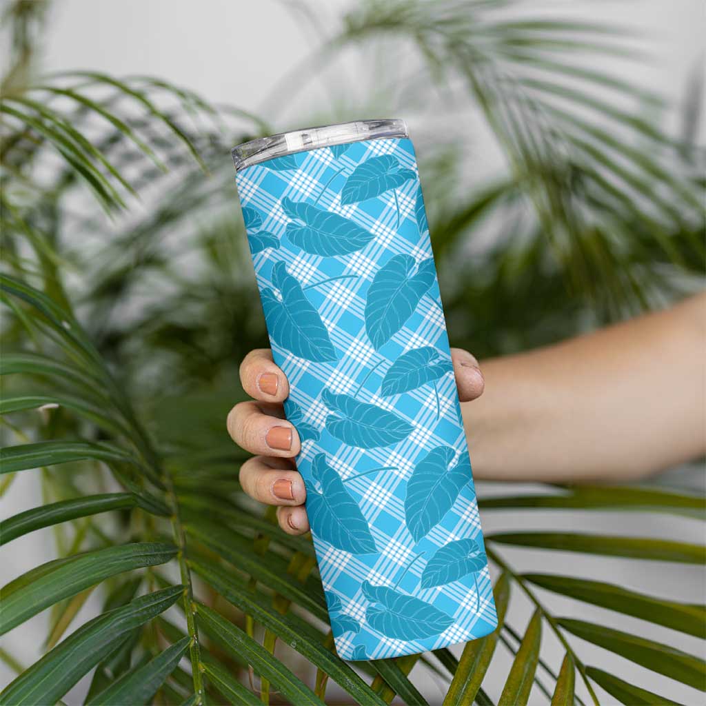 Blue Hawaii Kalo Palaka Motifs Skinny Tumbler Hawaiian Taro Leaves Elegant Vibes - Polynesian Pride