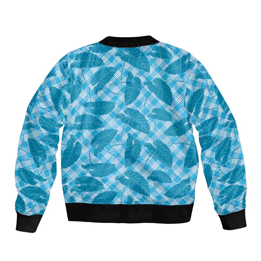 Blue Hawaii Kalo Palaka Motifs Sleeve Zip Bomber Jacket Hawaiian Taro Leaves Elegant Vibes - Polynesian Pride