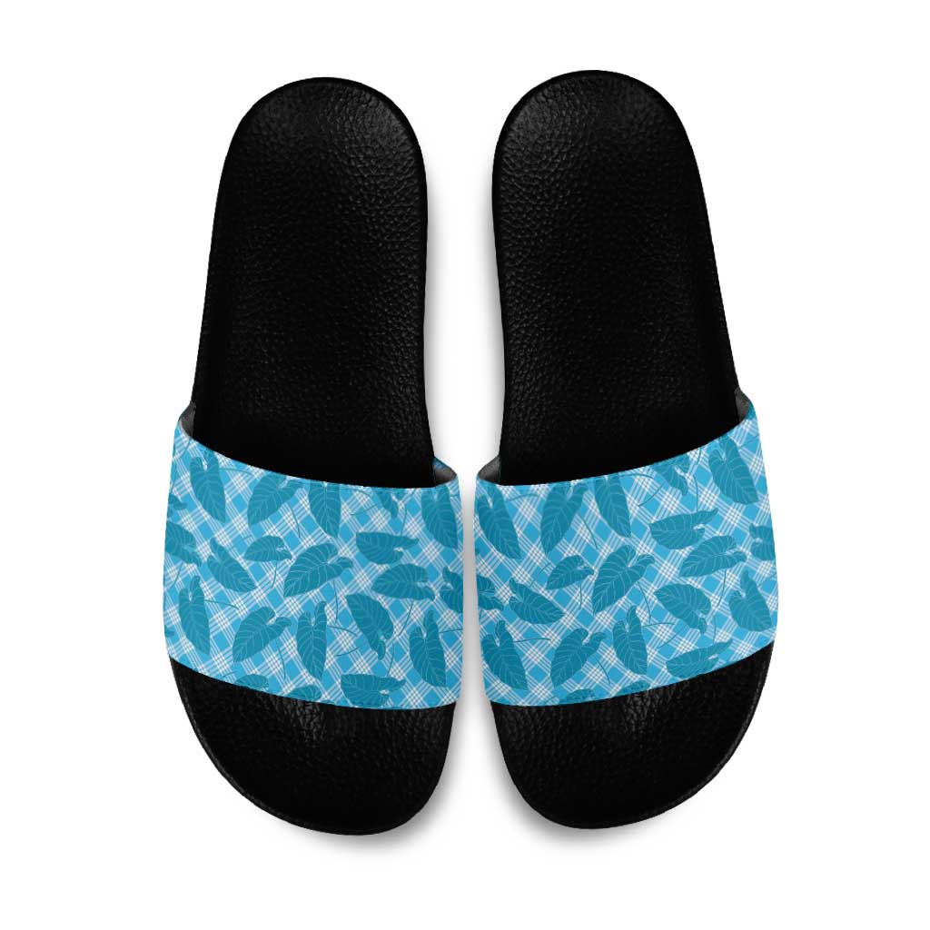 Blue Hawaii Kalo Palaka Motifs Slide Sandals Hawaiian Taro Leaves Elegant Vibes - Polynesian Pride
