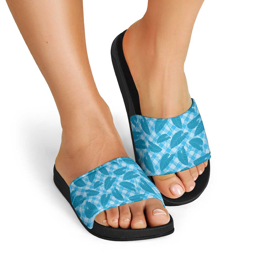 Blue Hawaii Kalo Palaka Motifs Slide Sandals Hawaiian Taro Leaves Elegant Vibes - Polynesian Pride