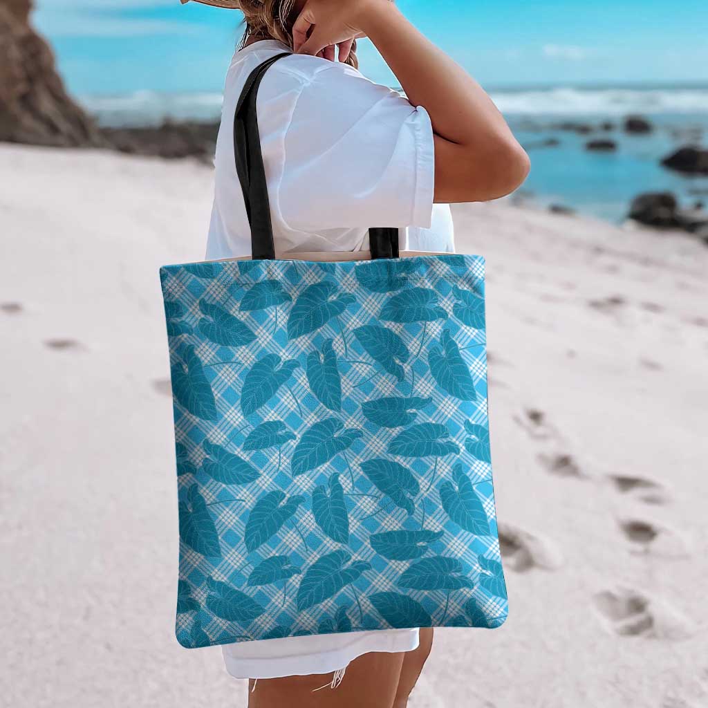 Blue Hawaii Kalo Palaka Motifs Tote Bag Hawaiian Taro Leaves Elegant Vibes - Polynesian Pride