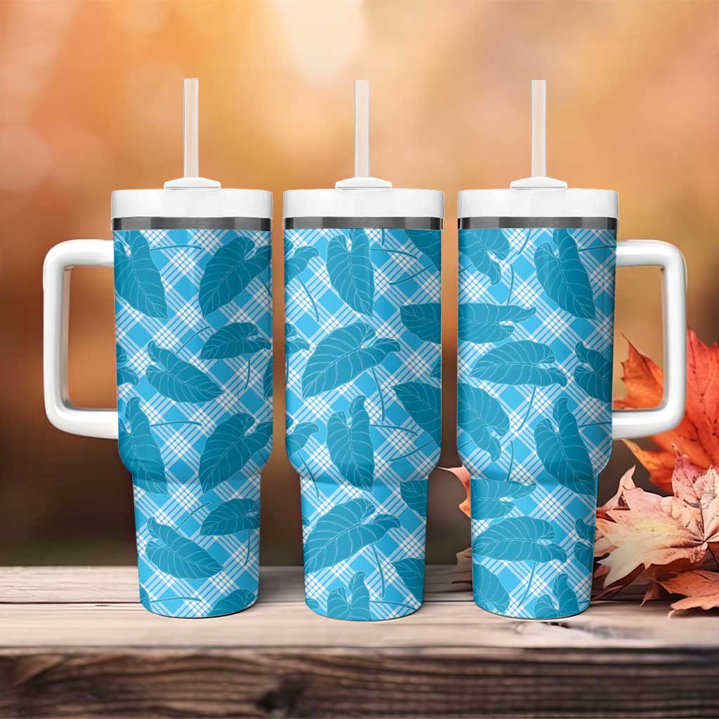 Blue Hawaii Kalo Palaka Motifs Tumbler With Handle Hawaiian Taro Leaves Elegant Vibes - Polynesian Pride