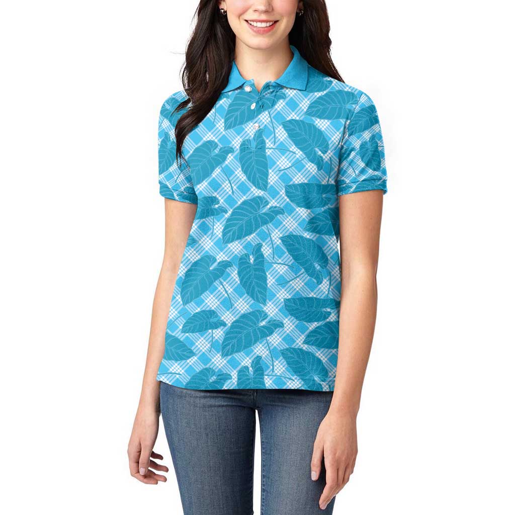 Blue Hawaii Kalo Palaka Motifs Women Polo Shirt Hawaiian Taro Leaves Elegant Vibes - Polynesian Pride